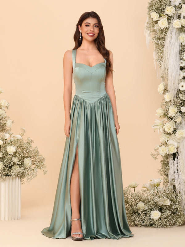 A-Line/Princess V-Neck Sleeveless Long Bridesmaid Dresses with Side Slit & Pleats