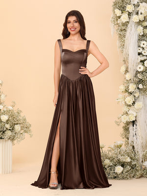 A-Line/Princess V-Neck Sleeveless Long Bridesmaid Dresses with Side Slit & Pleats