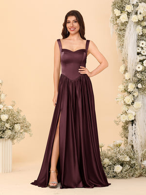 A-Line/Princess V-Neck Sleeveless Long Bridesmaid Dresses with Side Slit & Pleats