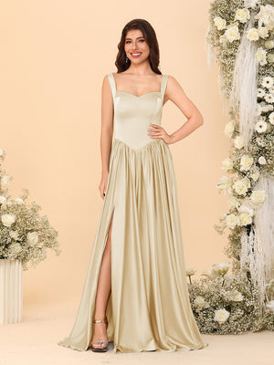 A-Line/Princess V-Neck Sleeveless Long Bridesmaid Dresses with Side Slit & Pleats
