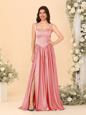A-Line/Princess V-Neck Sleeveless Long Bridesmaid Dresses with Side Slit & Pleats