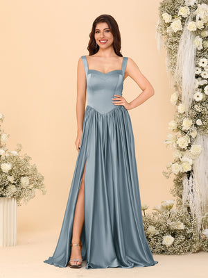A-Line/Princess V-Neck Sleeveless Long Bridesmaid Dresses with Side Slit & Pleats