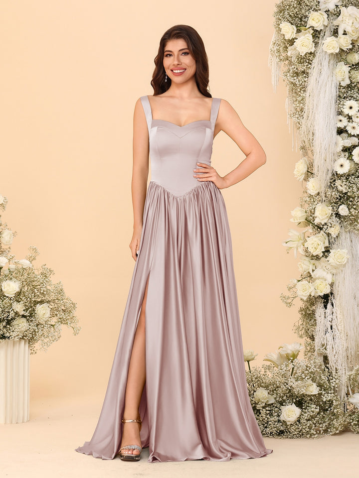 A-Line/Princess V-Neck Sleeveless Long Bridesmaid Dresses with Side Slit &amp; Pleats