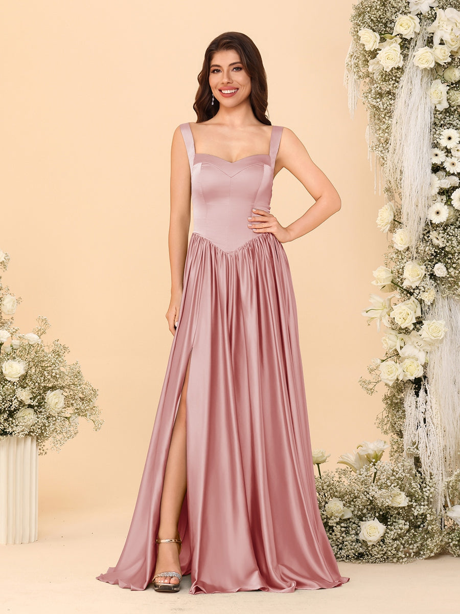 A-Line/Princess V-Neck Sleeveless Long Bridesmaid Dresses with Side Slit &amp; Pleats