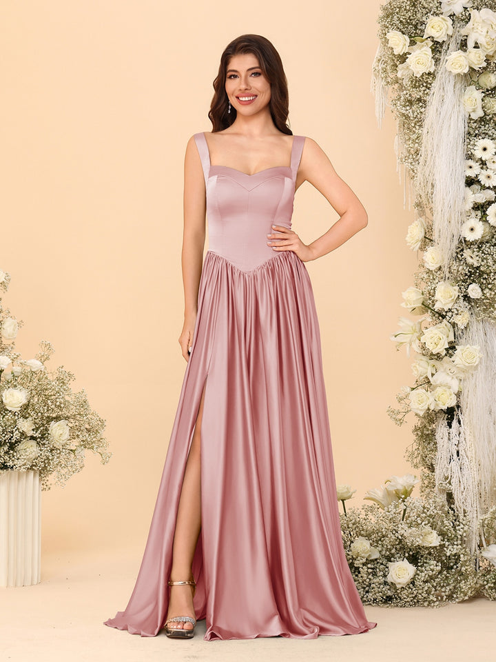 A-Line/Princess V-Neck Sleeveless Long Bridesmaid Dresses with Side Slit &amp; Pleats
