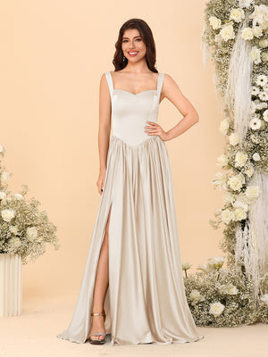 A-Line/Princess V-Neck Sleeveless Long Bridesmaid Dresses with Side Slit & Pleats