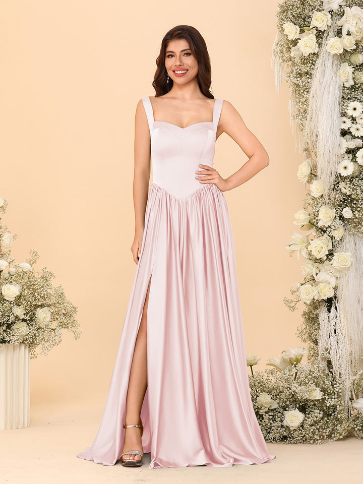 A-Line/Princess V-Neck Sleeveless Long Bridesmaid Dresses with Side Slit &amp; Pleats