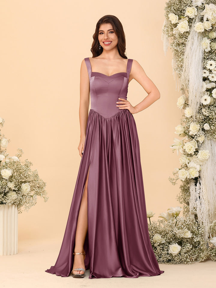 A-Line/Princess V-Neck Sleeveless Long Bridesmaid Dresses with Side Slit &amp; Pleats