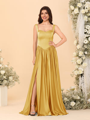 A-Line/Princess V-Neck Sleeveless Long Bridesmaid Dresses with Side Slit & Pleats