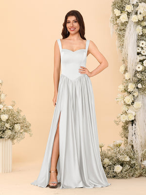 A-Line/Princess V-Neck Sleeveless Long Bridesmaid Dresses with Side Slit & Pleats