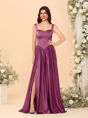 A-Line/Princess V-Neck Sleeveless Long Bridesmaid Dresses with Side Slit & Pleats