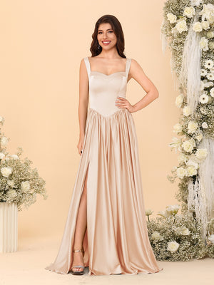 A-Line/Princess V-Neck Sleeveless Long Bridesmaid Dresses with Side Slit & Pleats