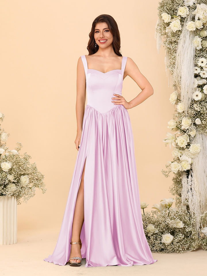 A-Line/Princess V-Neck Sleeveless Long Bridesmaid Dresses with Side Slit &amp; Pleats