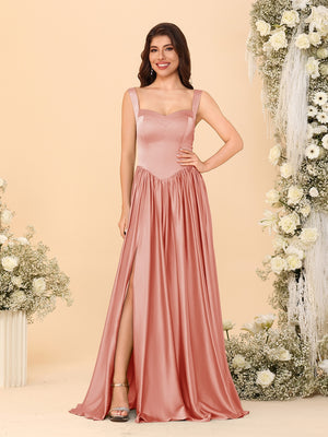A-Line/Princess V-Neck Sleeveless Long Bridesmaid Dresses with Side Slit & Pleats