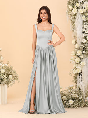 A-Line/Princess V-Neck Sleeveless Long Bridesmaid Dresses with Side Slit & Pleats
