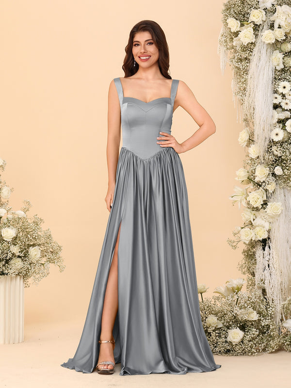 A-Line/Princess V-Neck Sleeveless Long Bridesmaid Dresses with Side Slit & Pleats