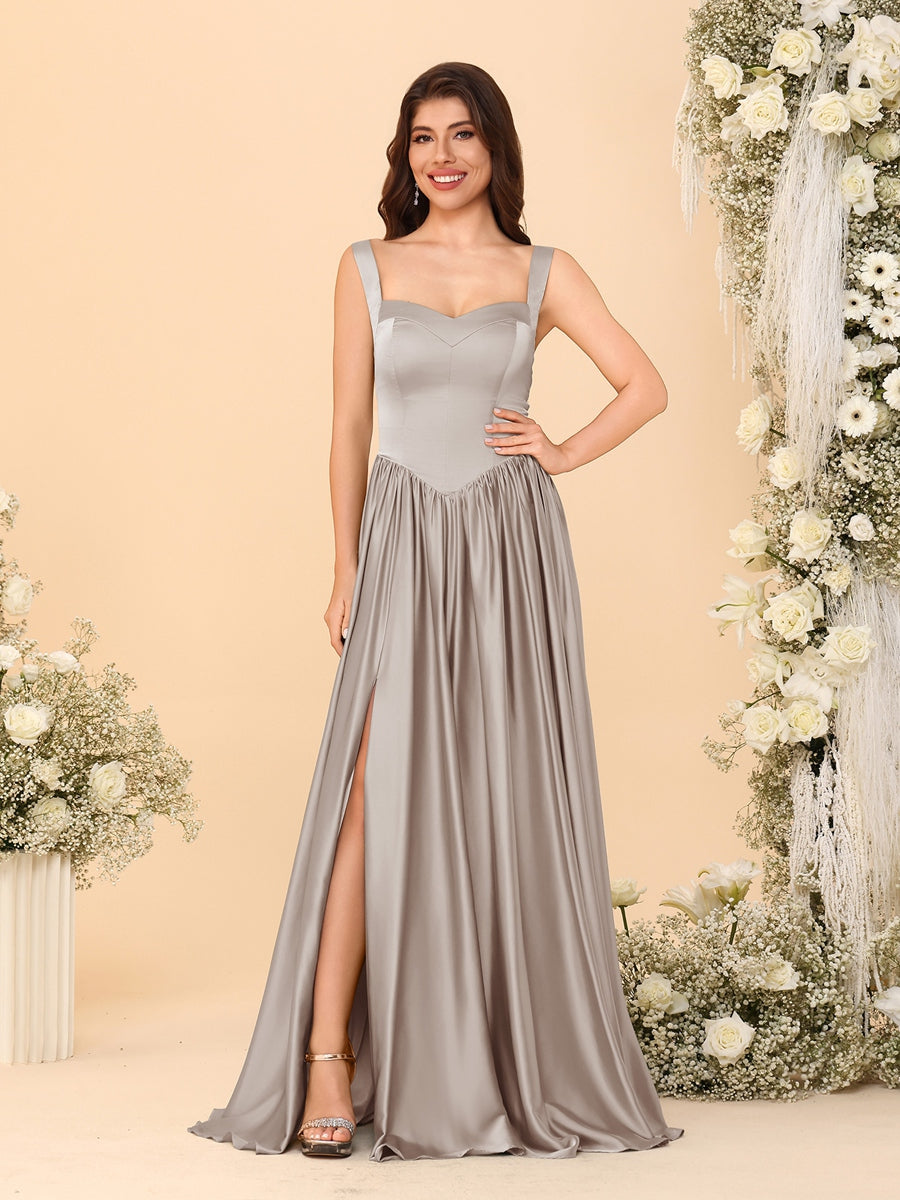 A-Line/Princess V-Neck Sleeveless Long Bridesmaid Dresses with Side Slit &amp; Pleats
