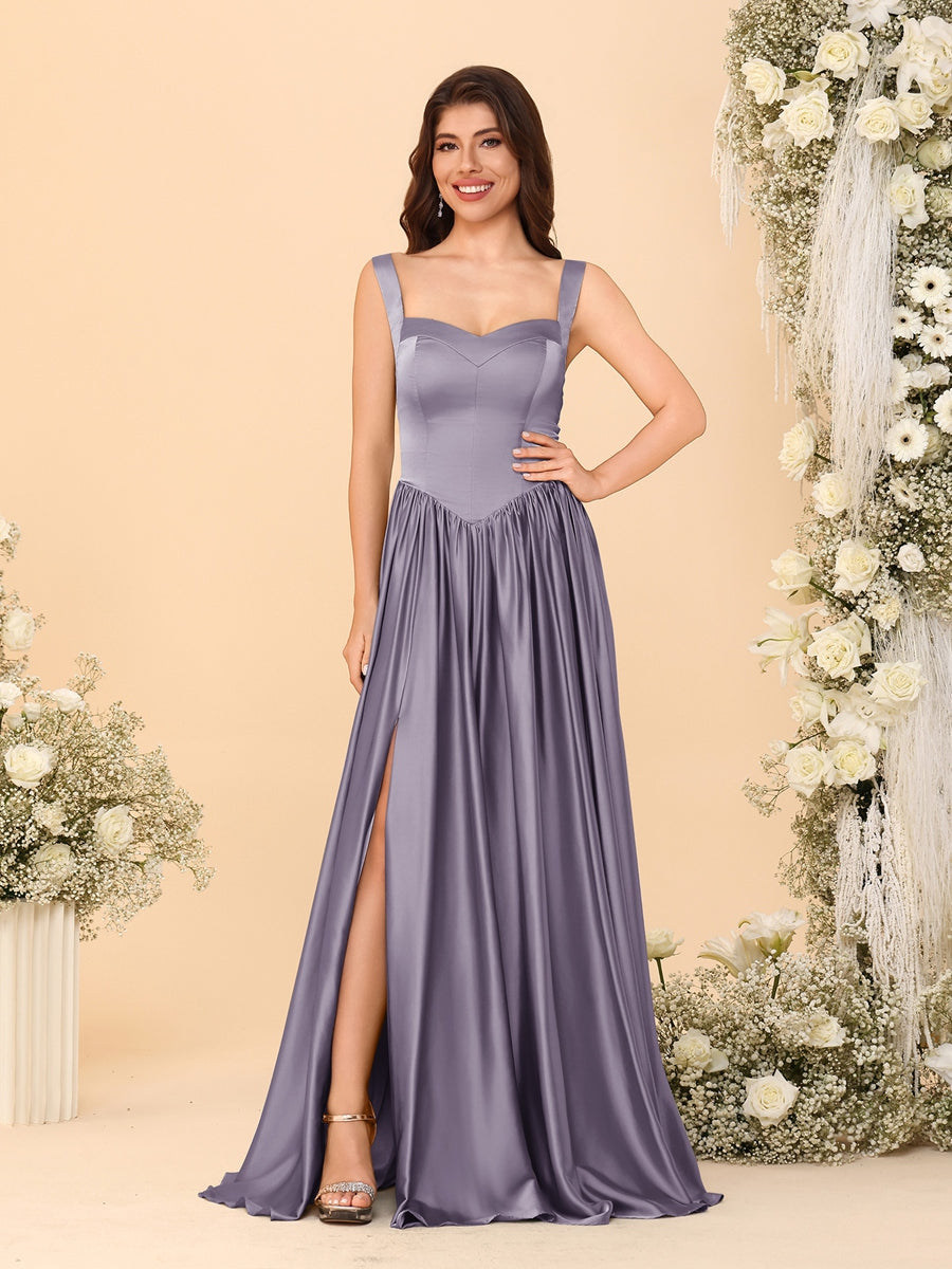 A-Line/Princess V-Neck Sleeveless Long Bridesmaid Dresses with Side Slit &amp; Pleats