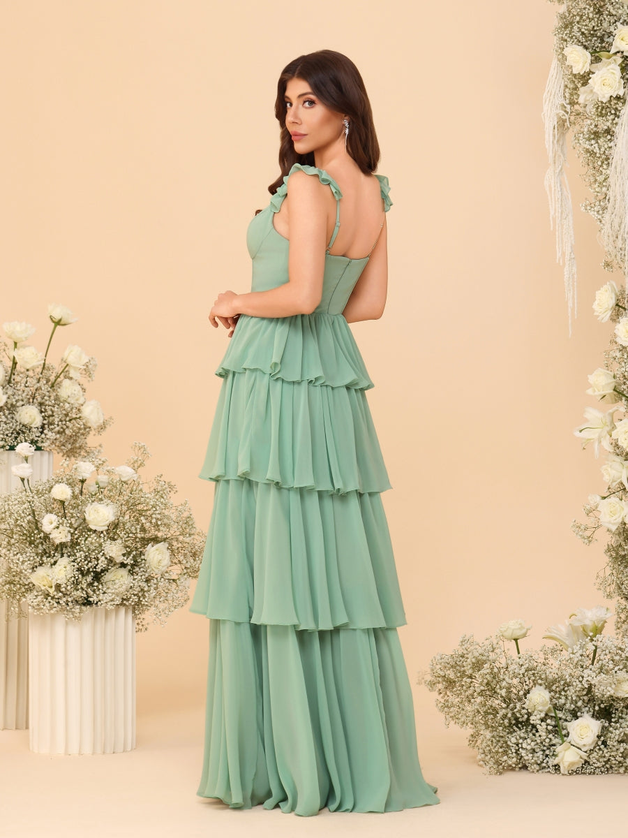 A-Line/Princess Scoop Sleeveless Floor-Length Bridesmaid Dresses With Ruffles &amp; Side Slit