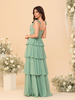 A-Line/Princess Scoop Sleeveless Floor-Length Bridesmaid Dresses With Ruffles & Side Slit