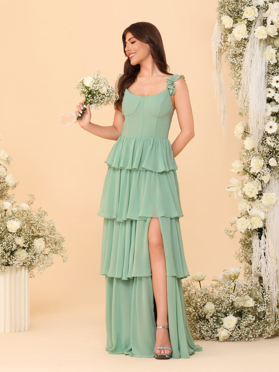 A-Line/Princess Scoop Sleeveless Floor-Length Bridesmaid Dresses With Ruffles &amp; Side Slit