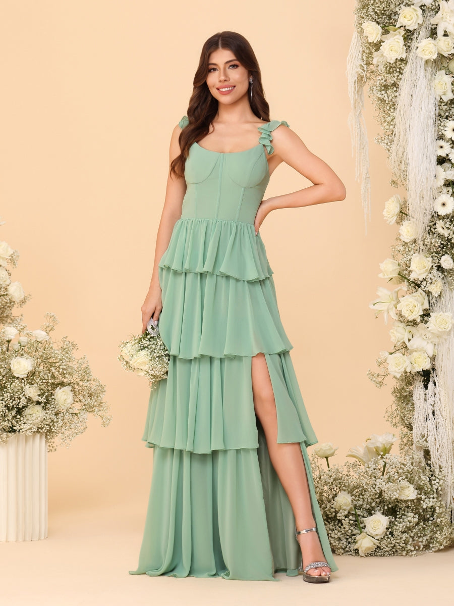 A-Line/Princess Scoop Sleeveless Floor-Length Bridesmaid Dresses With Ruffles &amp; Side Slit