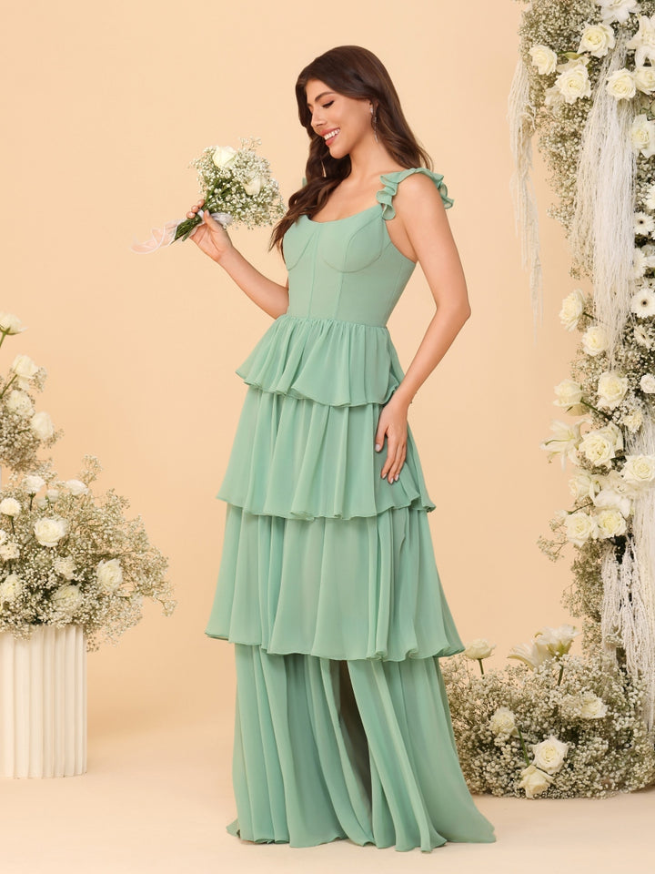 A-Line/Princess Scoop Sleeveless Floor-Length Bridesmaid Dresses With Ruffles &amp; Side Slit