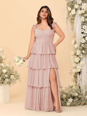 A-Line/Princess Scoop Sleeveless Floor-Length Bridesmaid Dresses With Ruffles & Side Slit
