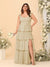 A-Line/Princess Scoop Sleeveless Floor-Length Bridesmaid Dresses With Ruffles & Side Slit