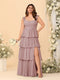 A-Line/Princess Scoop Sleeveless Floor-Length Bridesmaid Dresses With Ruffles & Side Slit