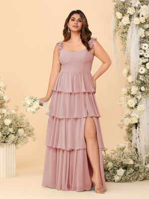 A-Line/Princess Scoop Sleeveless Floor-Length Bridesmaid Dresses With Ruffles & Side Slit