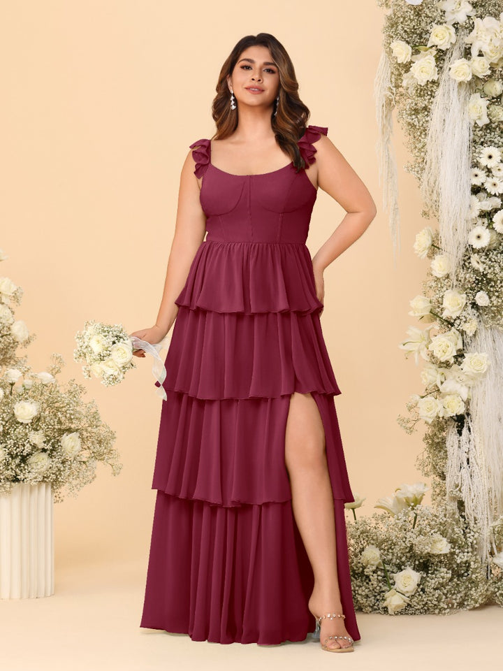A-Line/Princess Scoop Sleeveless Floor-Length Bridesmaid Dresses With Ruffles &amp; Side Slit