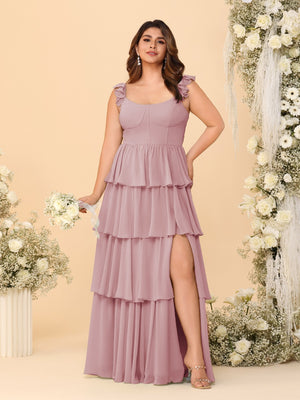 A-Line/Princess Scoop Sleeveless Floor-Length Bridesmaid Dresses With Ruffles & Side Slit