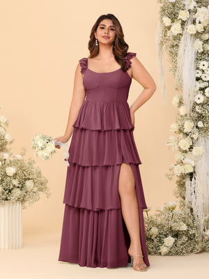 A-Line/Princess Scoop Sleeveless Floor-Length Bridesmaid Dresses With Ruffles & Side Slit