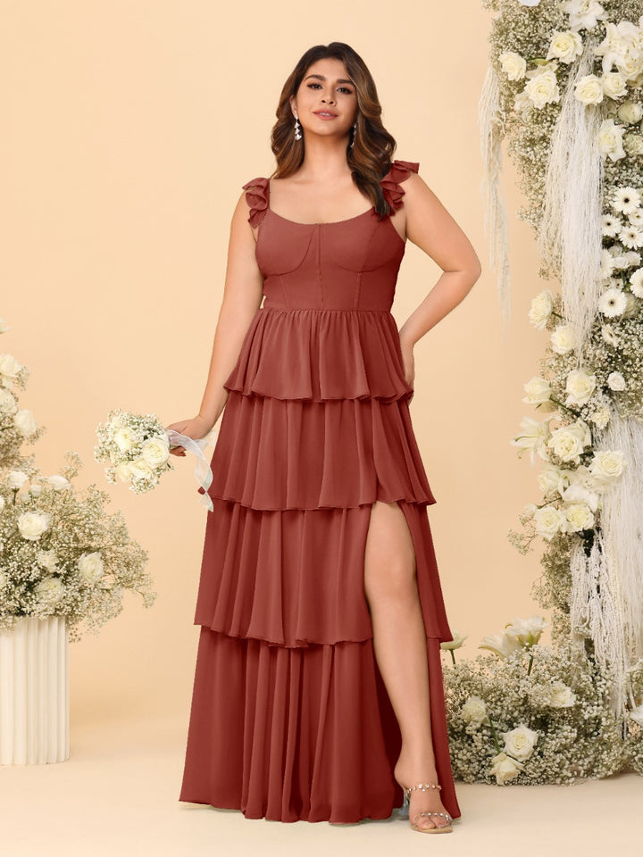 A-Line/Princess Scoop Sleeveless Floor-Length Bridesmaid Dresses With Ruffles &amp; Side Slit
