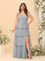 A-Line/Princess Scoop Sleeveless Floor-Length Bridesmaid Dresses With Ruffles & Side Slit