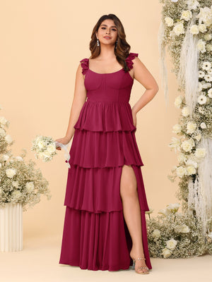A-Line/Princess Scoop Sleeveless Floor-Length Bridesmaid Dresses With Ruffles & Side Slit