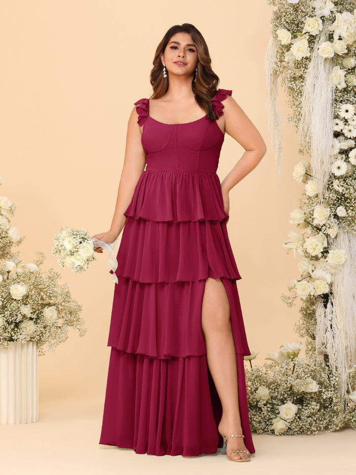 A-Line/Princess Scoop Sleeveless Floor-Length Bridesmaid Dresses With Ruffles &amp; Side Slit