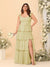 A-Line/Princess Scoop Sleeveless Floor-Length Bridesmaid Dresses With Ruffles & Side Slit