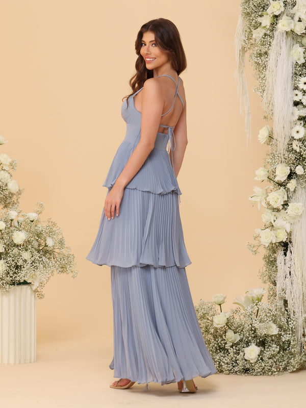 A-Line/Princess Spaghetti Straps Sleeveless Floor-Length Tiered Bridesmaid Dresses With  Pleats