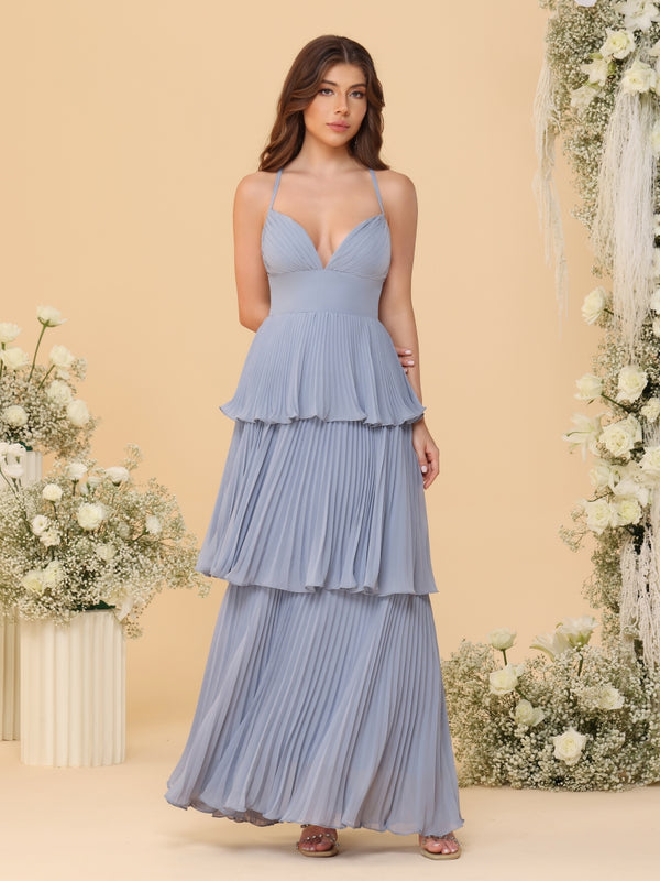 A-Line/Princess Spaghetti Straps Sleeveless Floor-Length Tiered Bridesmaid Dresses With  Pleats