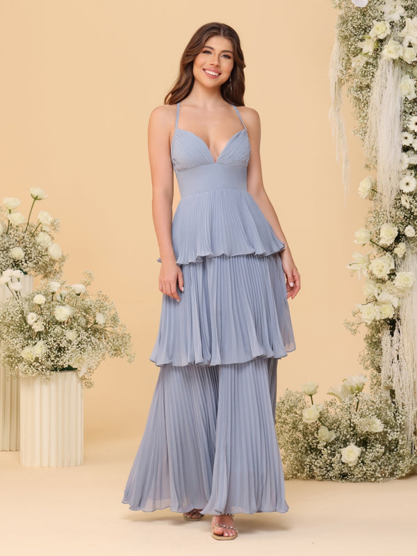 A-Line/Princess Spaghetti Straps Sleeveless Floor-Length Tiered Bridesmaid Dresses With  Pleats