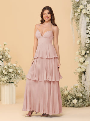 A-Line/Princess Spaghetti Straps Sleeveless Floor-Length Tiered Bridesmaid Dresses With  Pleats