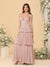 A-Line/Princess Spaghetti Straps Sleeveless Floor-Length Tiered Bridesmaid Dresses With  Pleats