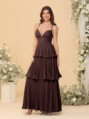 A-Line/Princess Spaghetti Straps Sleeveless Floor-Length Tiered Bridesmaid Dresses With  Pleats