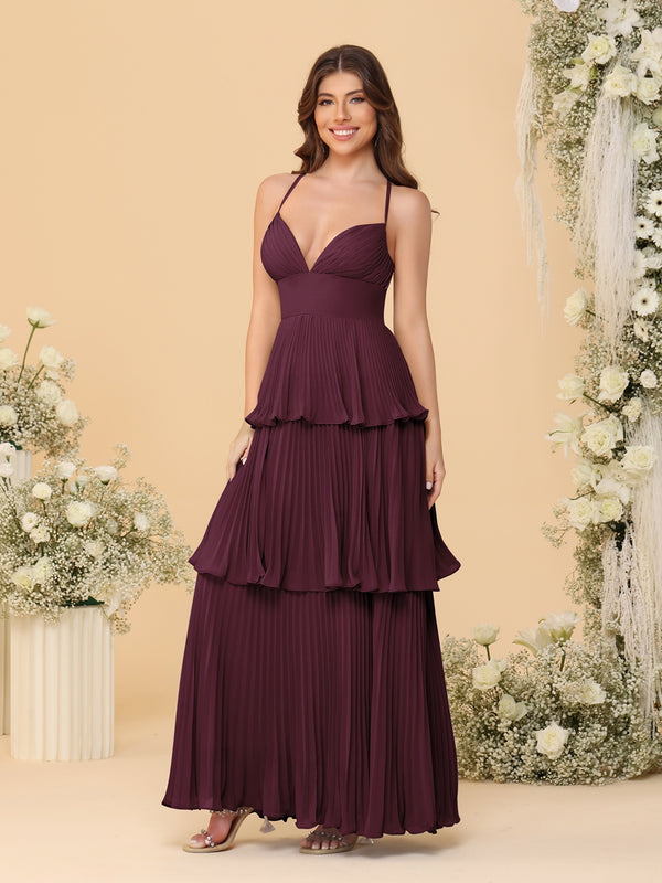 A-Line/Princess Spaghetti Straps Sleeveless Floor-Length Tiered Bridesmaid Dresses With  Pleats