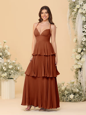 A-Line/Princess Spaghetti Straps Sleeveless Floor-Length Tiered Bridesmaid Dresses With  Pleats