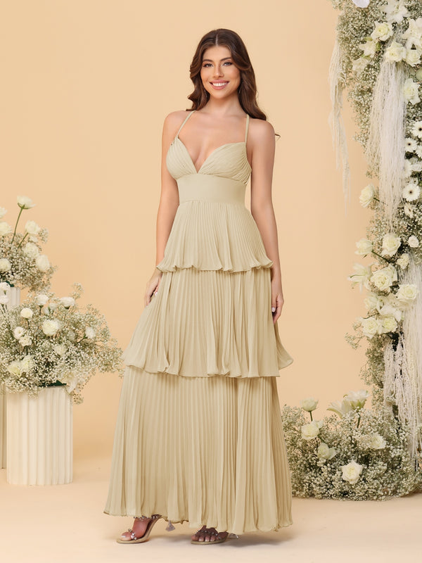 A-Line/Princess Spaghetti Straps Sleeveless Floor-Length Tiered Bridesmaid Dresses With  Pleats