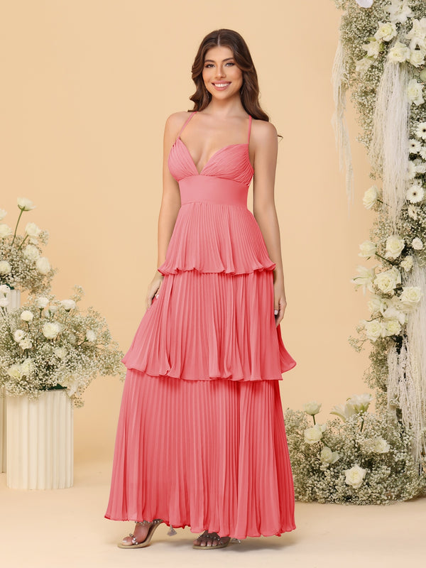 A-Line/Princess Spaghetti Straps Sleeveless Floor-Length Tiered Bridesmaid Dresses With  Pleats