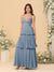 A-Line/Princess Spaghetti Straps Sleeveless Floor-Length Tiered Bridesmaid Dresses With  Pleats